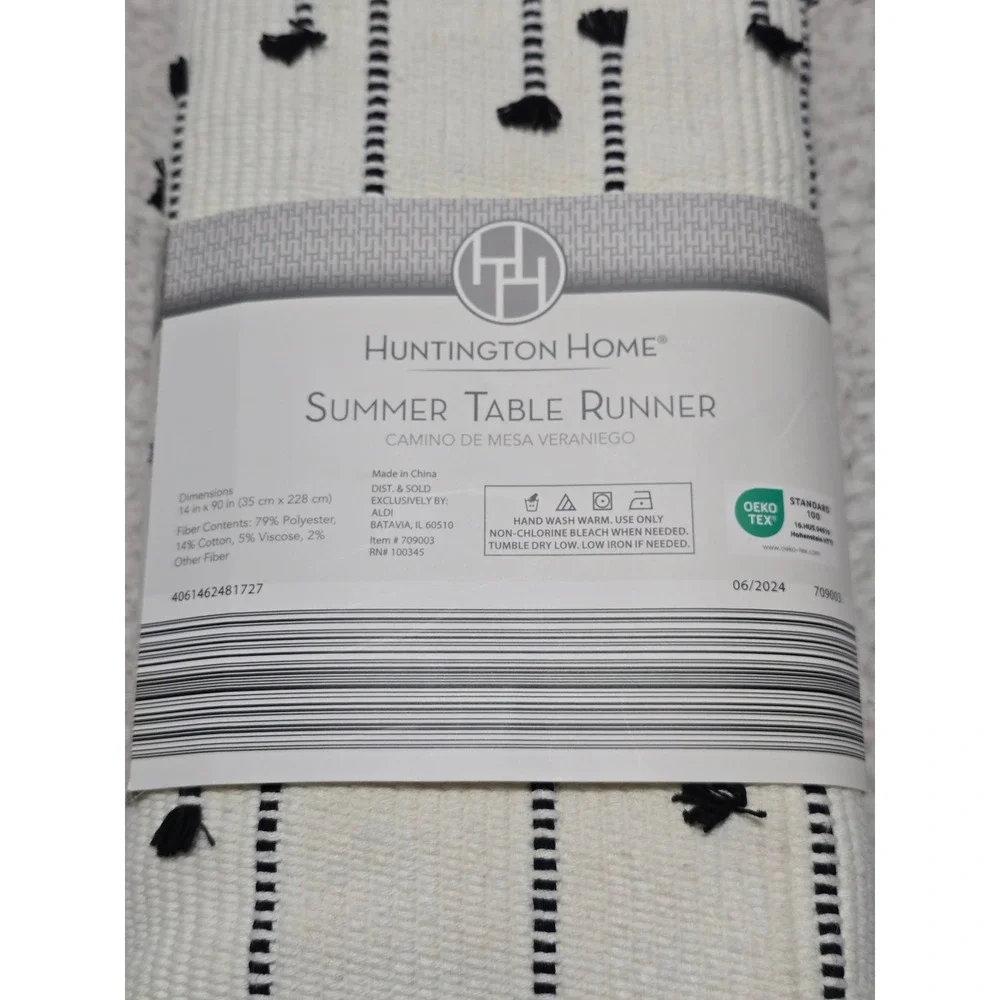 Huntington Home Summer Table Runner White Black Woven Fringe 14x90 Modern 709003